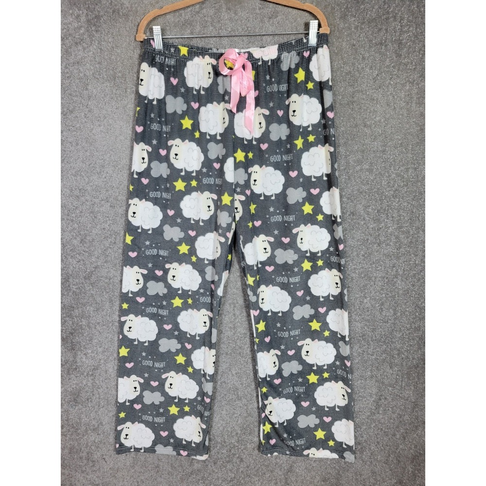 Just Be Pajama Pants Womens Size Large Gray Sheep Clouds GOOD NIGHT Drawstring